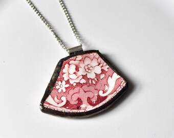 Broken China Jewelry Pendant - Red and White Floral