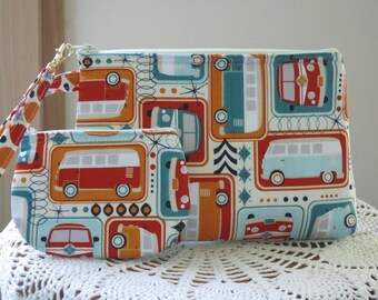 VW Retro Love Bus Smart phone Case Gadget Pouch Clutch Wristlet Zipper Gadget Pouch Bag Made in USA Set