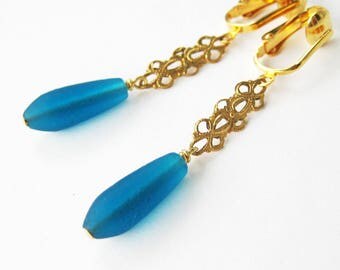 Turquoise Clip On Earrings Glass Teardrop Cascade Gold Clip