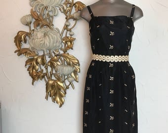Fall sale 1950s dress wiggle dress 50s dress black dress size x small Vintage dress embroidered dress hourglass dress satin dress
