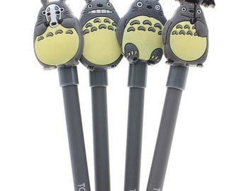 Anime Totoro Pens, Set of 4 Kawaii Pens, Black Fine Tip Gel Ink Pen, Grey Totoro Pen Set, Anime Pen Set, Novelty Pens