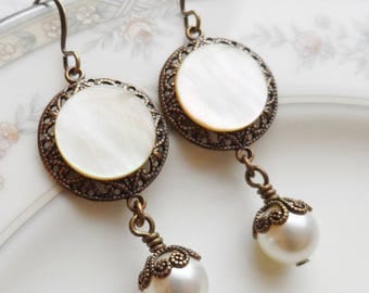 Antique Mother of Pearl Button Earrings, Harvest Moon, Off White, Ivory, Antique Brass
