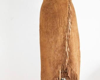 SALE Vintage fringe suede skirt leather boho festival 70s tan long fringed skirt