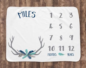Baby Milestone Blanket- Baby Month Blanket - Deer Antler Feather - Boy - Baby Blanket - Track Growth and Age - Baby Shower Gift 30x40