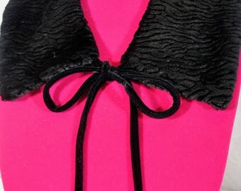 Faux Persian Lamb Fur Black Collar With Velvet Ties - Vegan