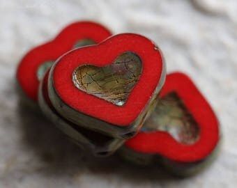 RED THUMPER .. 4 Premium Picasso Czech Heart Beads 14x12mm (5828-4)