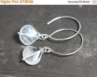 SALE Moonstone Earrings Sterling Silver Hoop Earrings White Rainbow Moonstone