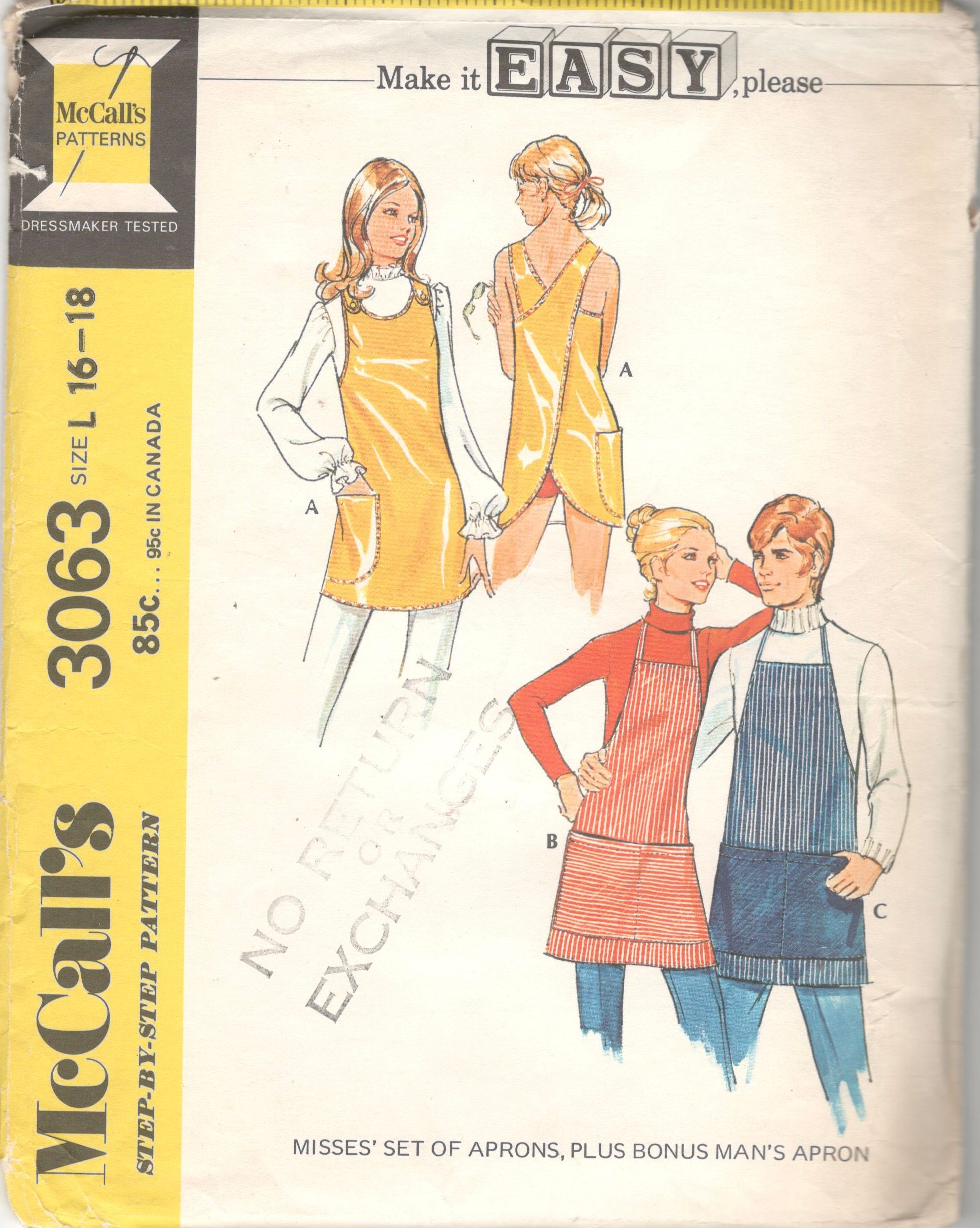 McCalls 3063 1970s Misses APRON Pattern Potters Apron Easy