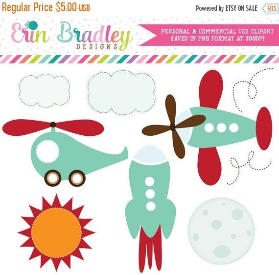 50% OFF SALE Transportation Clipart Clip Art Personal & Commercial Use Helicopter Airplane Rocketship in Turquoise and Red Il_570xn