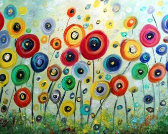 POPPY FLOWERS Original Painting Whimsical Colorful Landscape Art by Luiza Vizoli 36x24