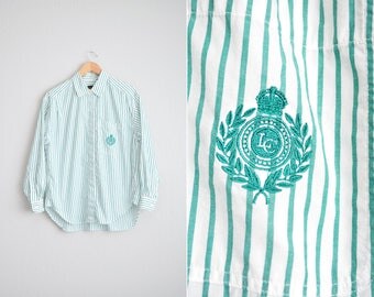 Size L/XL // PINSTRIPED SHIRT // Green & White - Long Sleeve - Button-Up - Embroidered Crest - Preppy - Vintage '80s.