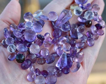 Destash Purple Lilac Gem Amethyst Faceted Mix Shape Heart Pear Onion Briolette drop beads 6" strand 100ct weight February Birthstone