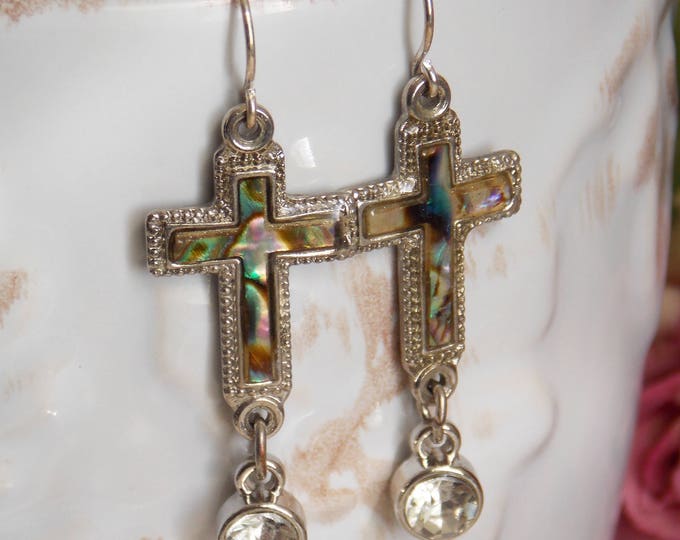 Mother of Pearl Abalone Shell Cross Earrings Pierced Dangling Minimalist One of Kind 1970s Rhinestone Christian Boho Bohemian Chic