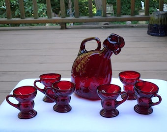 New Martinsville Glass Moondrops Art Deco ruby red Decanter & SIX handled whiskey tot cordial demitasse embossed floral design jewel stopper