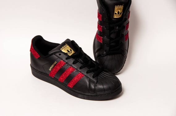 Glitter Red Over Black Adidas Superstars II Fashion Sneakers