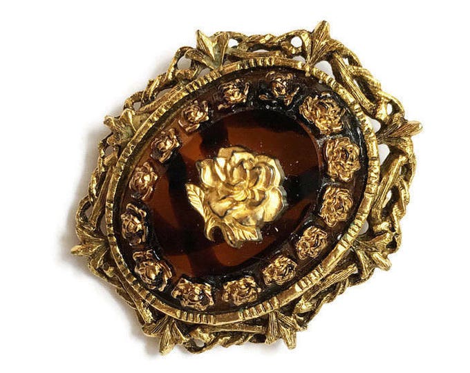 Gold Rose Cameo Brooch Pendant Faux Tortoiseshell Vintage