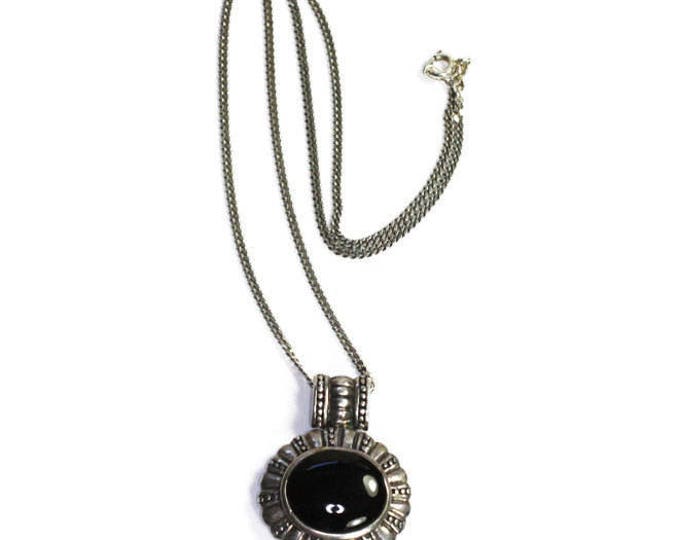 Sterling and Black Onyx Cabochon Pendant Necklace Vintage