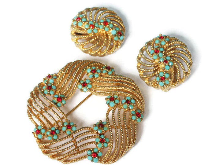 Turquoise and Red Beads Brooch Earrings Swirled Floral Design Signed Lisner Vintage