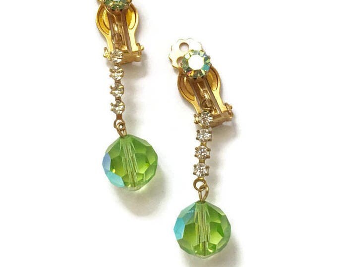 Green AB Crystal Dangle Earrings Clip Style Vintage