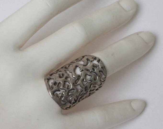 Large Filigree Sterling Statement Ring Size 8 1/2 Knuckle Duster Pierced Vintage Ring