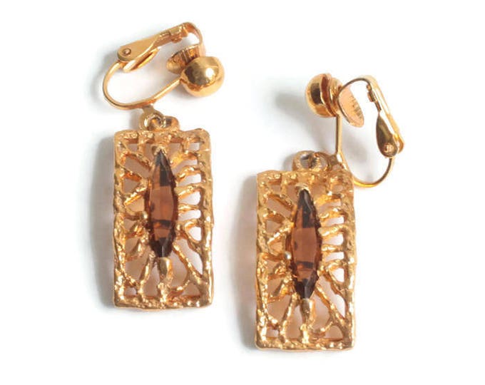 Gold Plated Filigree Topaz Glass Earrings SHP Dangle Clip On Vintage