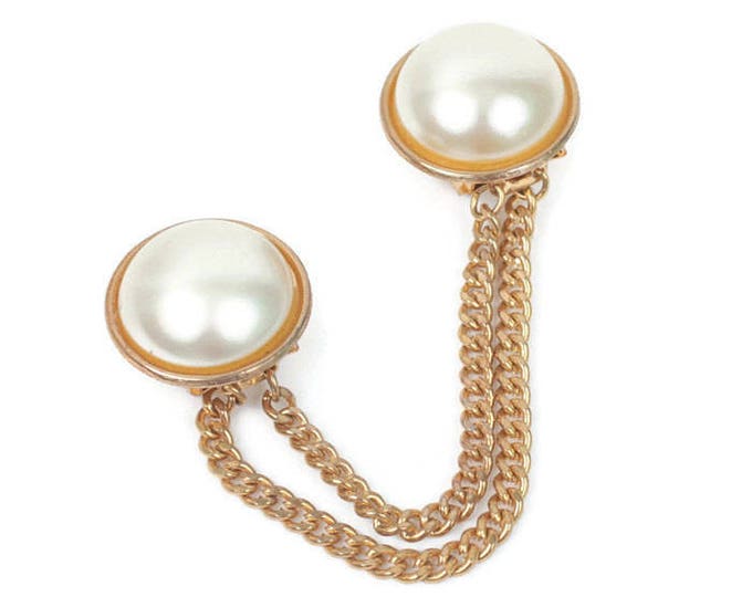 Vintage Faux Pearl Sweater Guard Gold Tone Double Chain