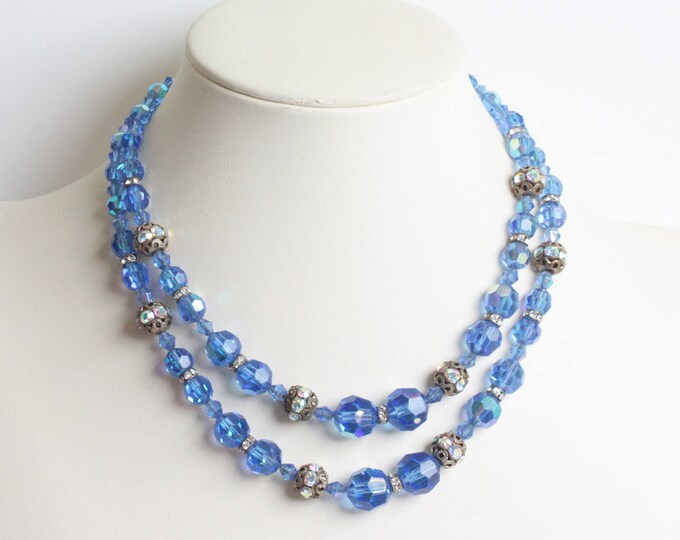 Blue Aurora Borealis Crystal Choker Necklace Two Strands Rhinestone Rondelles Vintage