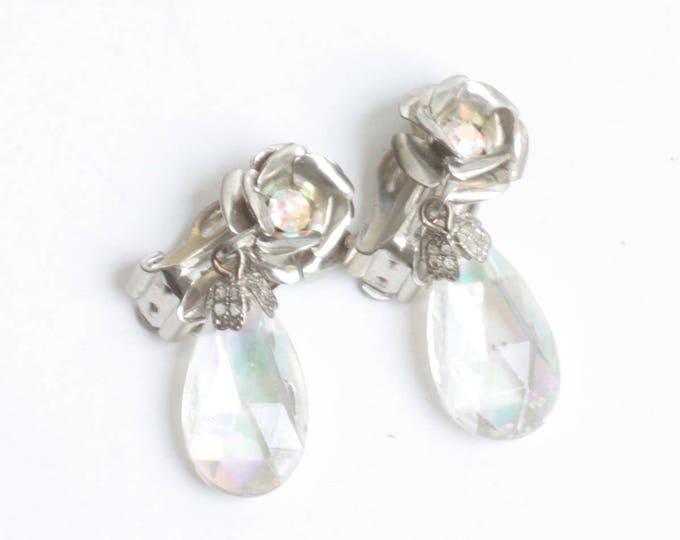 Flower Design Crystal Dangle Earrings Aurora Borealis Vintage Clip On