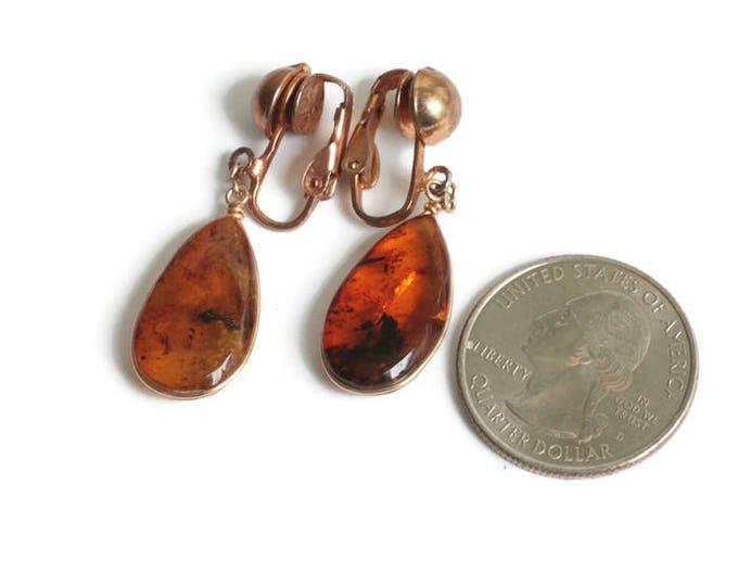 Vintage Amber Drop Dangle Earrings Clip On