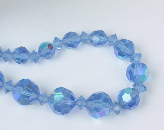 Blue AB Crystal Necklace Faceted Graduated Size Beads 30 Inches Long