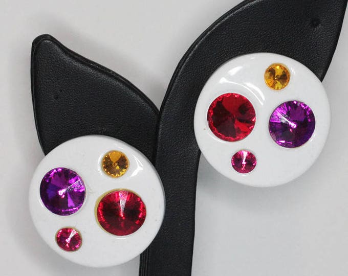 White Lucite Rhinestone Earrings Multi Color Rivoli Stones Large Round Clip Ons