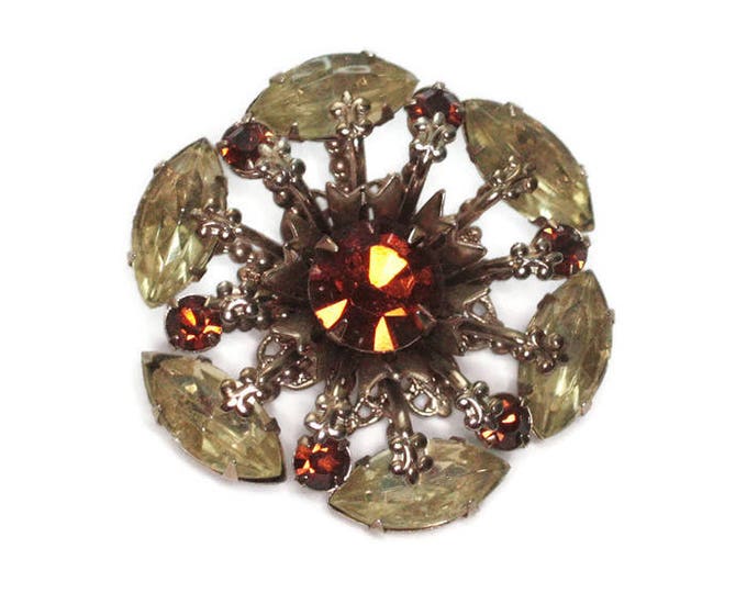 Rhinestone Brooch Golden Brown and Yellow Stones Atomic Style 1950s Vintage