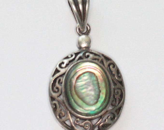 Abalone Shell Sterling Pendant Filigree Setting Oval Vintage