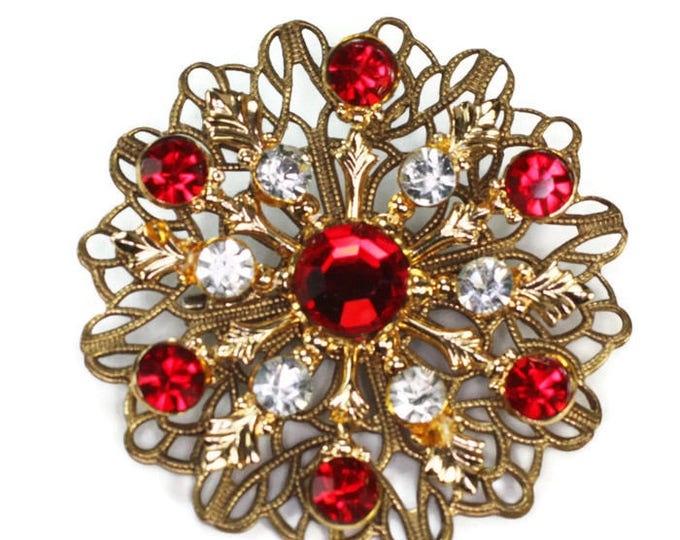 Red and Clear Rhinestone Filigree Brooch Gold Tone Atomic Style Vintage