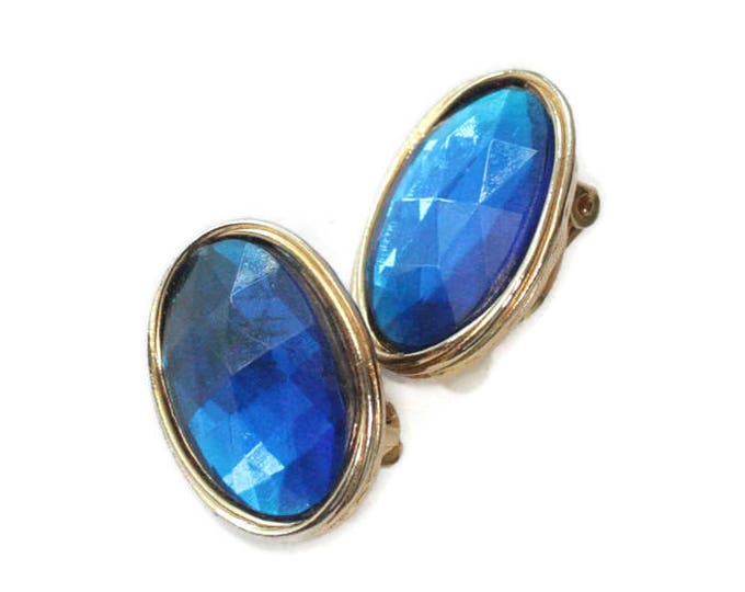 Blue Oval Clip On Earrings Gold Tone Large Chunky Bold Vintage