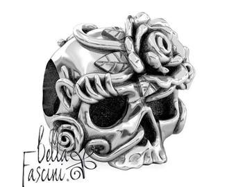 Sugar Skull Dia de los Muertos Bead Charm - Bella Rosa - 925 Silver - Fits Pandora and Compatible Brand Bracelets - BELLA FASCINI® F-117