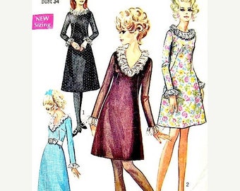 ON SALE Vintage 1960s Simplicity 7791 Sewing Pattern OnePiece Dress Pattern Bust 34 Ruffles Mod 60s