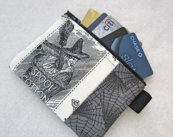 Vintage Style Witch Halloween Fabric Credit Card Case Zipper Coin Purse Wallet Business Card Holder Spider Web J Wecker Frisch Black Gray