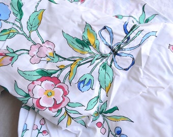 Vintage Bed Sheet - Pink and Aqua Vine Flowers - King Fitted NOS