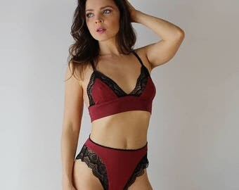 bamboo lingerie set with triangle bralette and high cut lace trimmed panties - ICON bamboo sleepwear and lingerie range - made to order