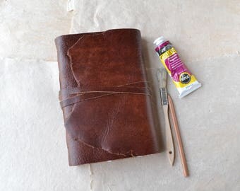 Leather Journal with Watercolor Paper and Handmade Paper - Rustic Brown Leather Journal