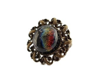 Dichroic Fused Glass Ring, Vintage Brass Ring, Fused Glass Ring, Multi Colored, Rainbow, Adjustable Ring, Dichroic Fused Glass Ring