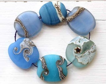 Pastel Blue Handmade Glass Bead Set, 6 SRA Lampwork Beads
