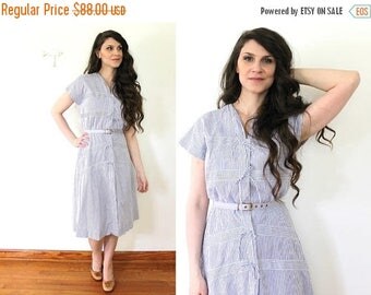 ON SALE 1940s Dress / 40s Blue and White Striped Bow Dress