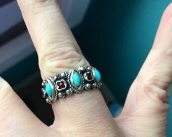 Turquoise Garnet Ring - Sterling Silver - Vintage