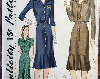 1940's Dress and Bolero - Simplicity Pattern # 3694 - Wartime Fashion w/ Pleated Flounce - Uncut - Size 16, Bust 34