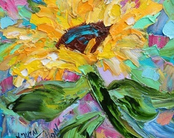 Sunflower Joy painting original oil 6x6 palette knife impressionism on canvas fine art by Karen Tarlton