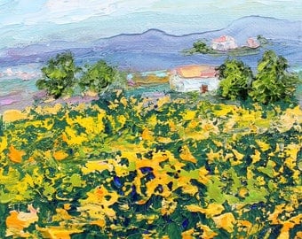 Provence Meadow painting original oil 6x6 palette knife impressionism on canvas fine art by Karen Tarlton