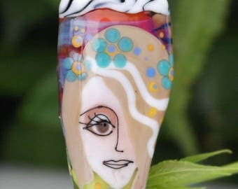 Lampwork beads portrait , creative artist made multicolored lampwork glass focal face bead sra artist