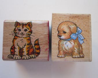 2 rubber stamp - puppy and kitten - used rubber stamps